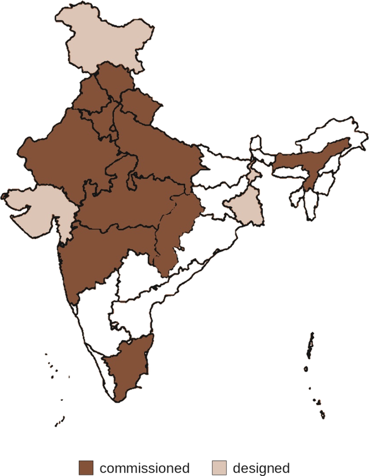 Map of India shading the states where the practice has been commissioned and where it has designed